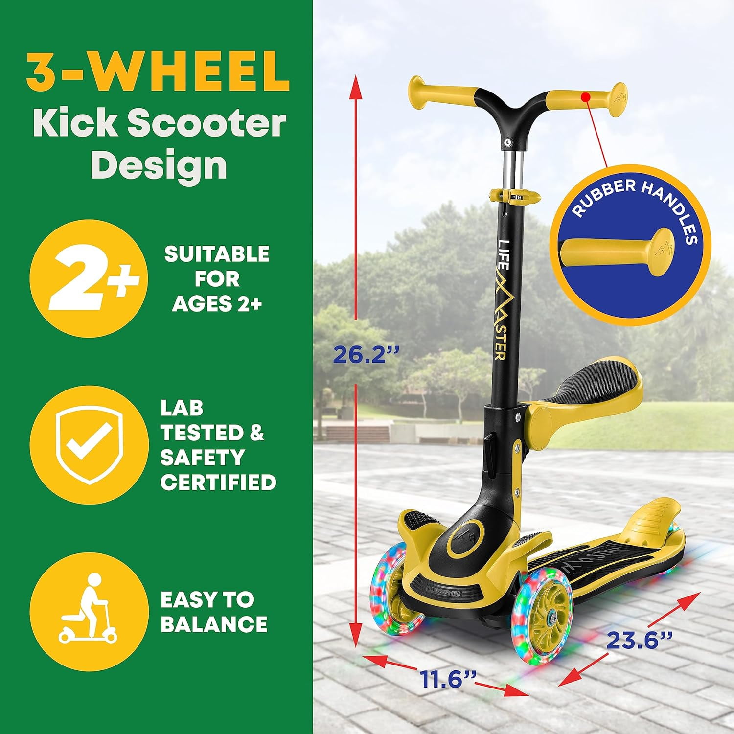 Kids Scooter – Foldable Seat – LED Wheel Lights Illuminate When Rolling – Children and Toddler 3 Wheel Kick Scooter – Adjustable Handlebar – Indoor and Outdoor- Yellow - by Lifemaster