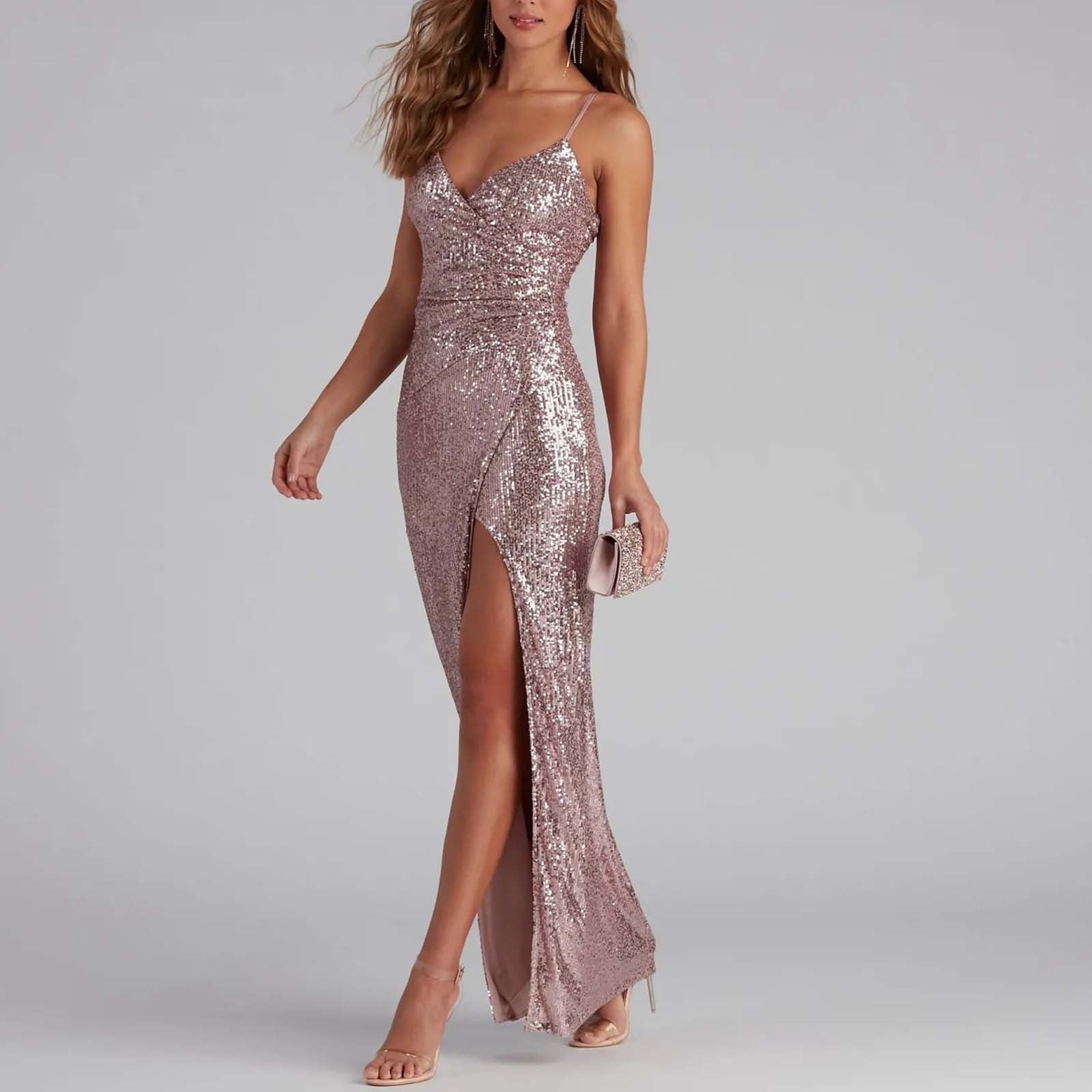 Glitter Sequin Long Maxi Dress for Women with Slit, Sleeveless V Neck Sexy Elegant Fitted High Split Party Gown (X-Large, Khaki)