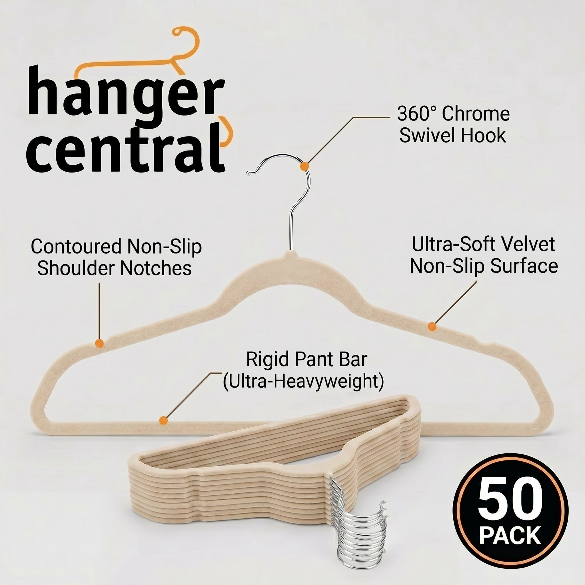 Hanger Central 50 Pack Space Saving Beige Velvet Non-Slip Hangers with Swivel Hook