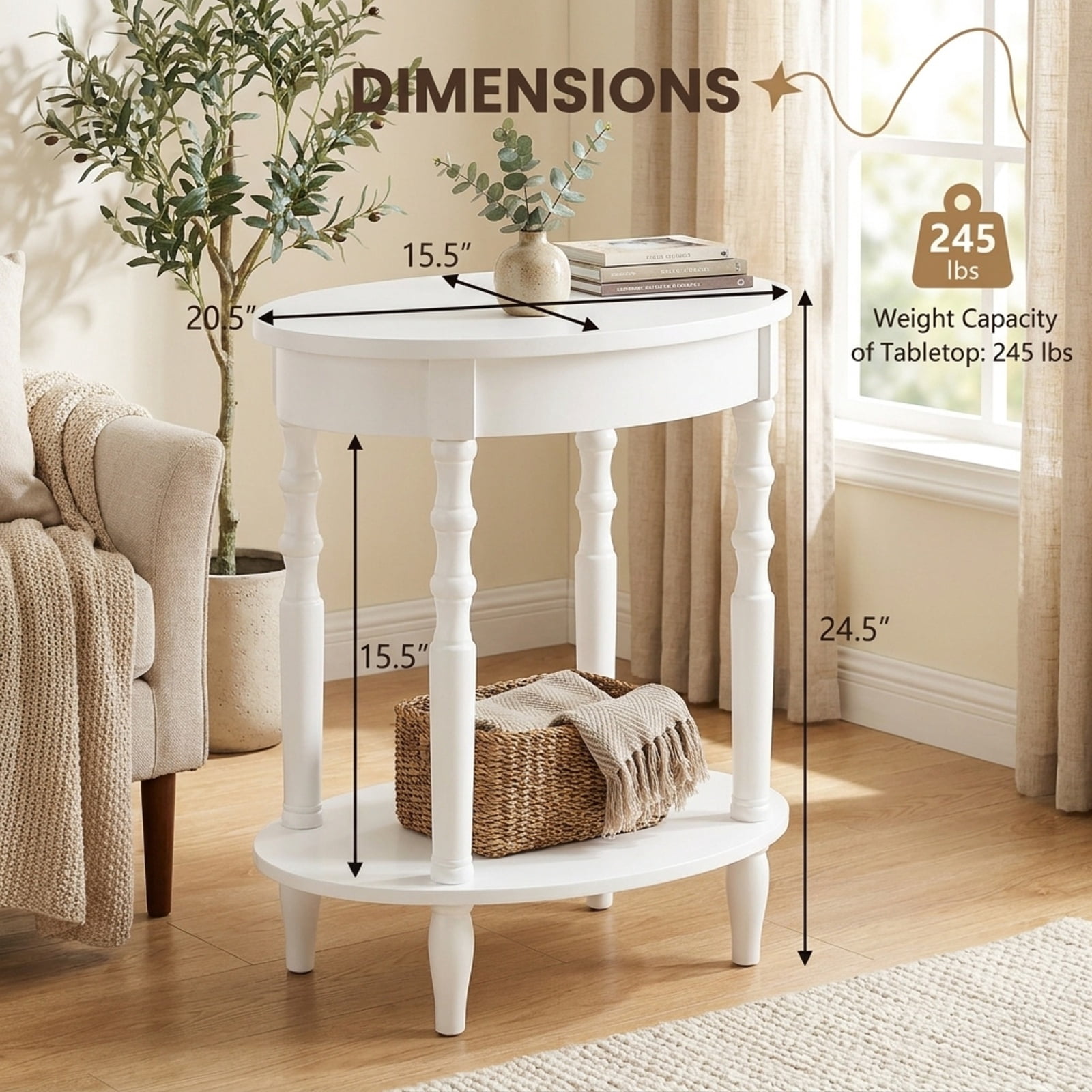 Furnibear 2 Tier Oval Side Table with Storage Shelf and Solid Rubber Wood Legs for Living Room Bedroom and Home Office, White