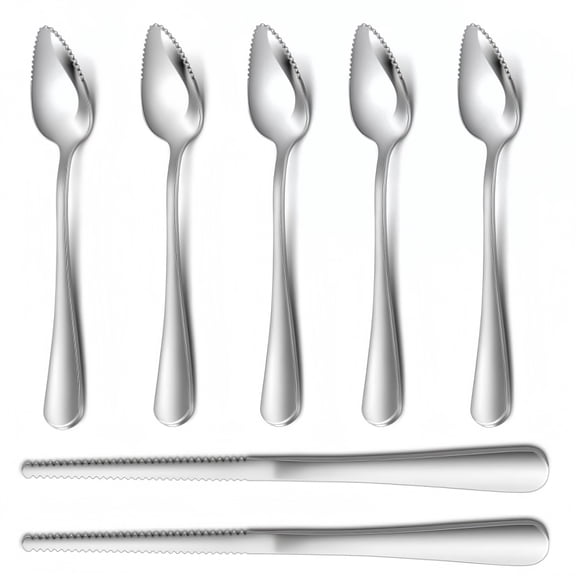 5-piece Grapefruit Spoons and 2-piece Grapefruit Knife,Stainless Steel Fruit Tool Set with Serrated Edge,Ideal for Scoop Kiwi, Apple, Citrus Fruit and Fruits  Purees