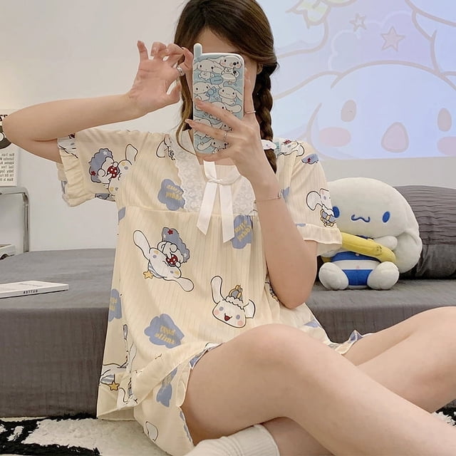 Pijamas de verano para mujer, pantalones cortos de manga corta, bonitos dibujos animados, talla grande, de verano, finos, de dos piezas, para el hogar