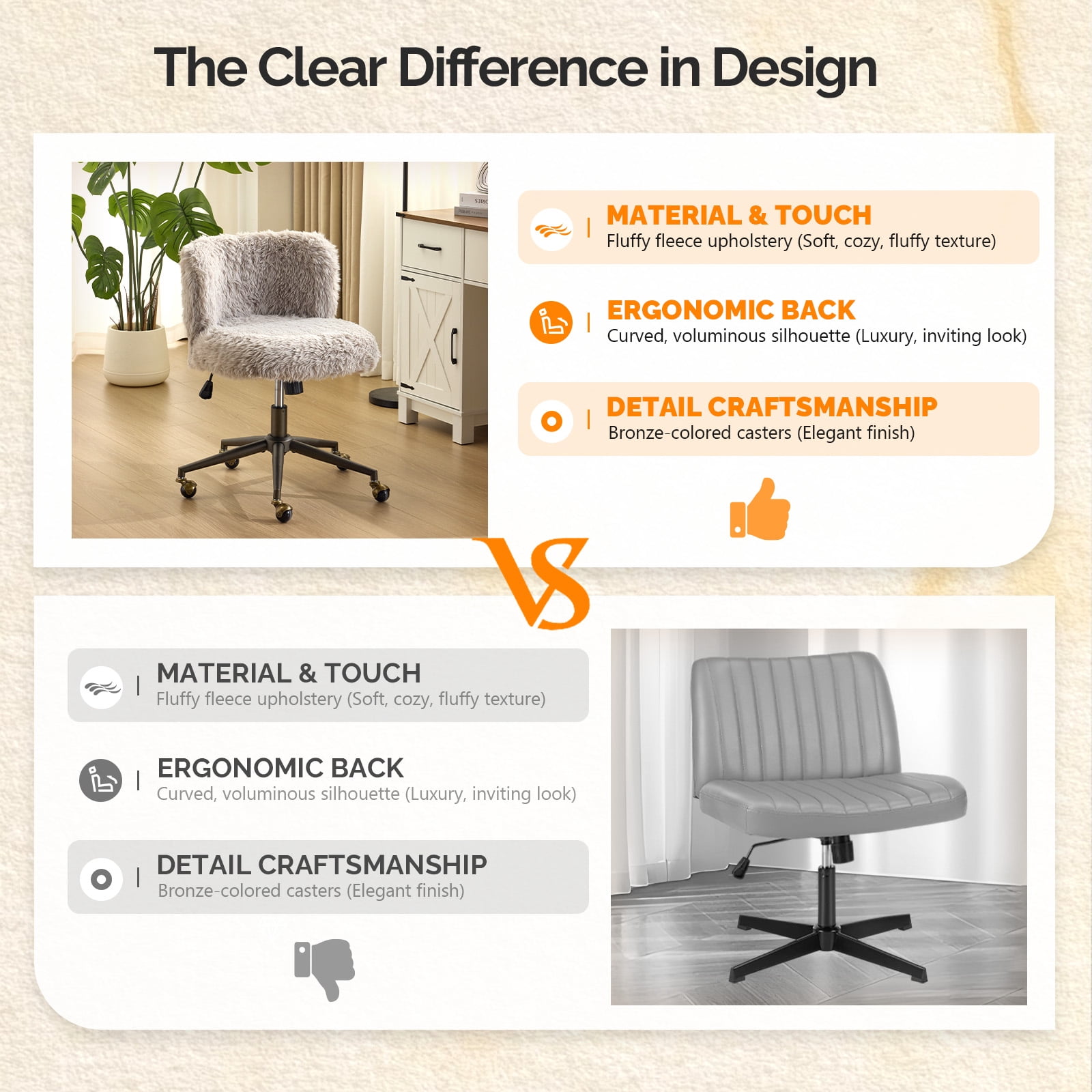 Ktaxon Vanity Chair, Adjustable Desk Chair with Metal Base and Swiveel Casters, Long Pile Fabric Makeup Chair for Women, Ideal for Office,Study and Home Gray