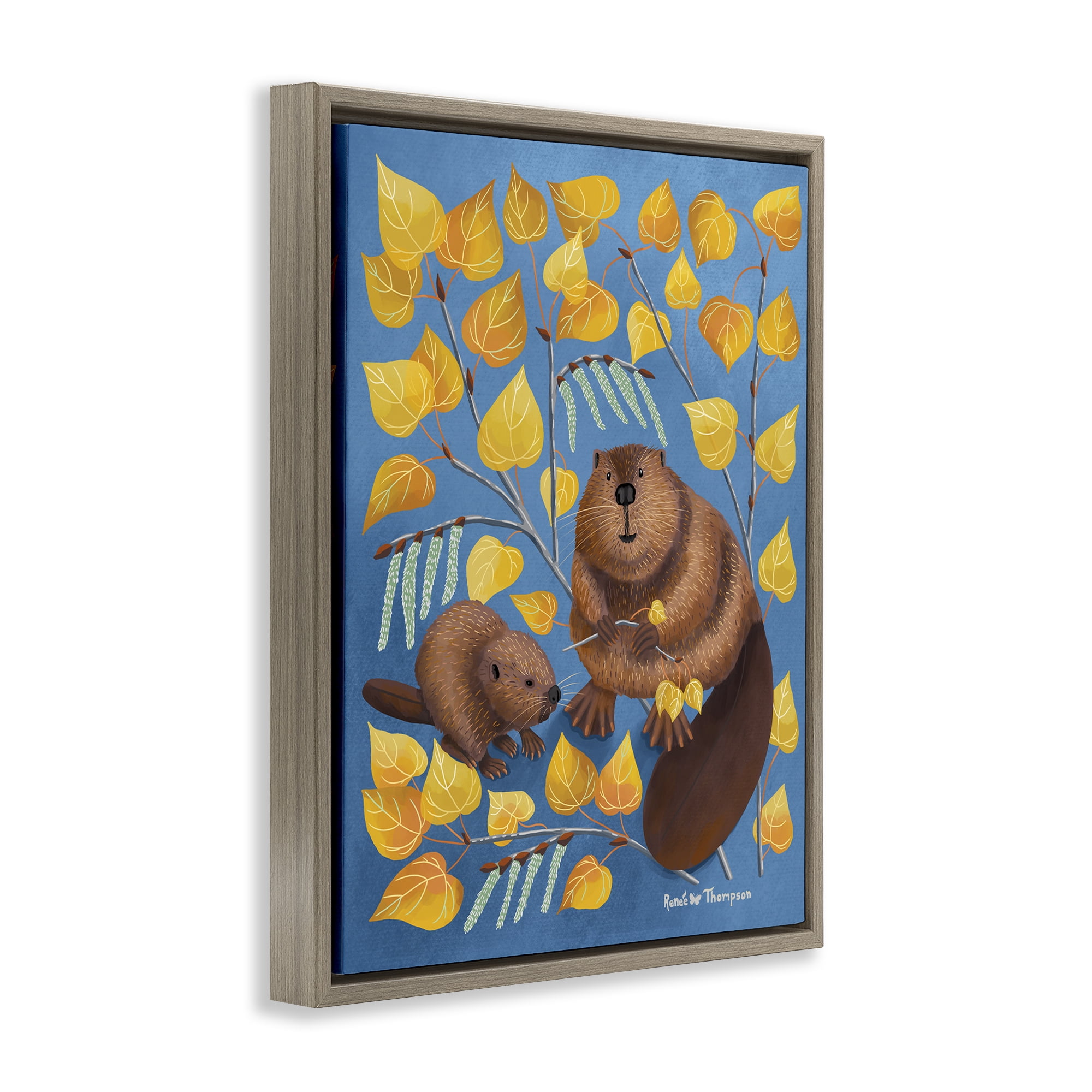 Stupell Industries Beaver & Quaking Aspen Animals Painting Brown Floater Framed Canvas Art Print Wall Art, 17 x 21
