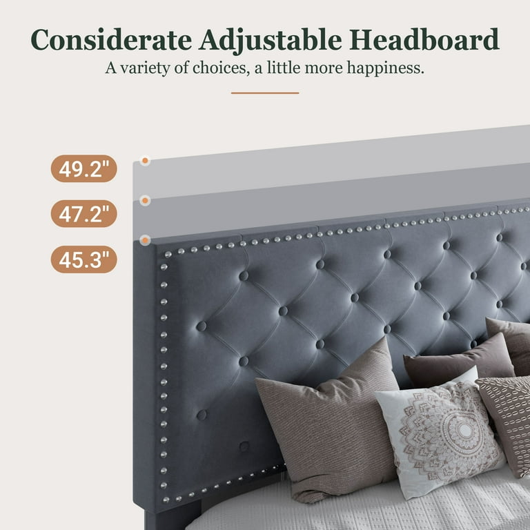 Amolife King Bed Frame with Adjustable Velvet Studded Headboard Grey