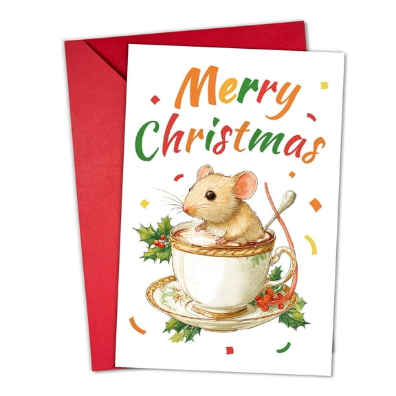 Merry Christmas Card with Cute Mouse in Teacup - Illustrated Greeting Card with Red Envelope - Ideal Holiday Card for Friends and Family