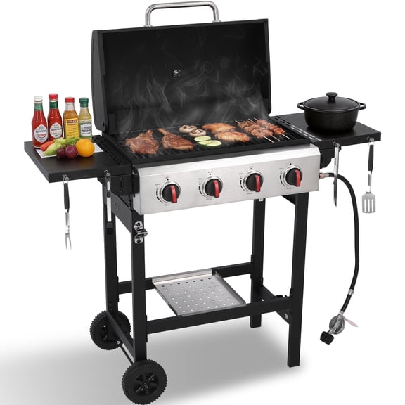 CIG GARDEN 4-Burner Propane Gas Grill with Folding Side Tables, Cast Iron Grates, and Stainless Steel Grill Pan