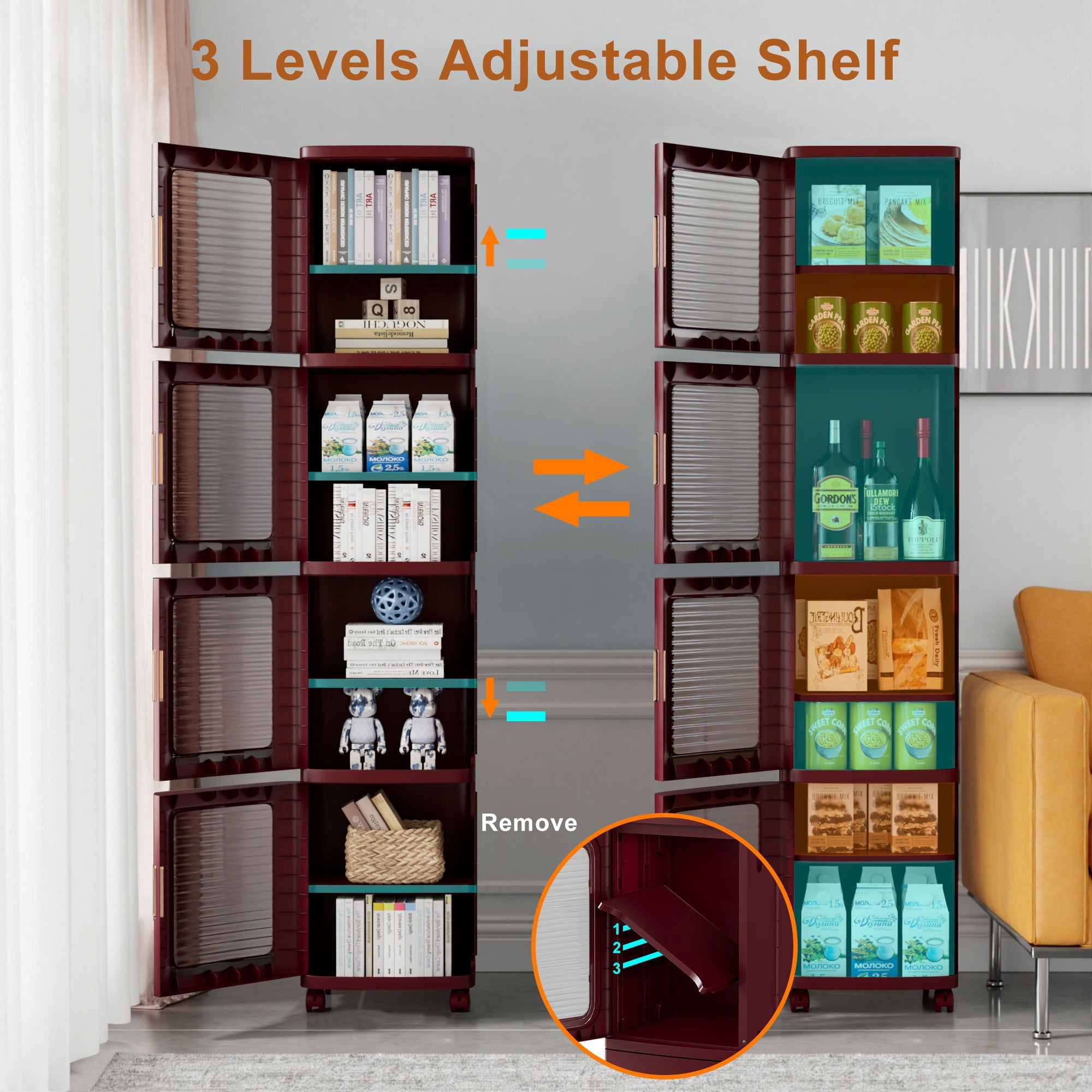 VECELO 4-Tier Slim Storage Cabinet with Wheels, Folding Stackable Box Organizer with Adjustable Shelves and Anti-Tip Design, Red, Large
