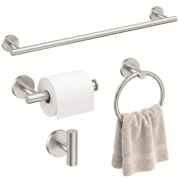 Fil-fresh Brushed Nickel Bathroom Hardware Set, 4-Piece Wall Mounted Bathroom Accessories Set, 24-Inch Towel Bar with Toilet Paper Holder, Towel Ring & Robe Hook, SUS304 Stainless Steel