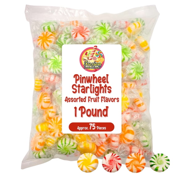 Assorted Fruit Pinwheel Starlight Hard Candy - 1 Pound (Approximately 75 pieces) - Fruit Flavored Starlight Individually Wrapped, Christmas Candy