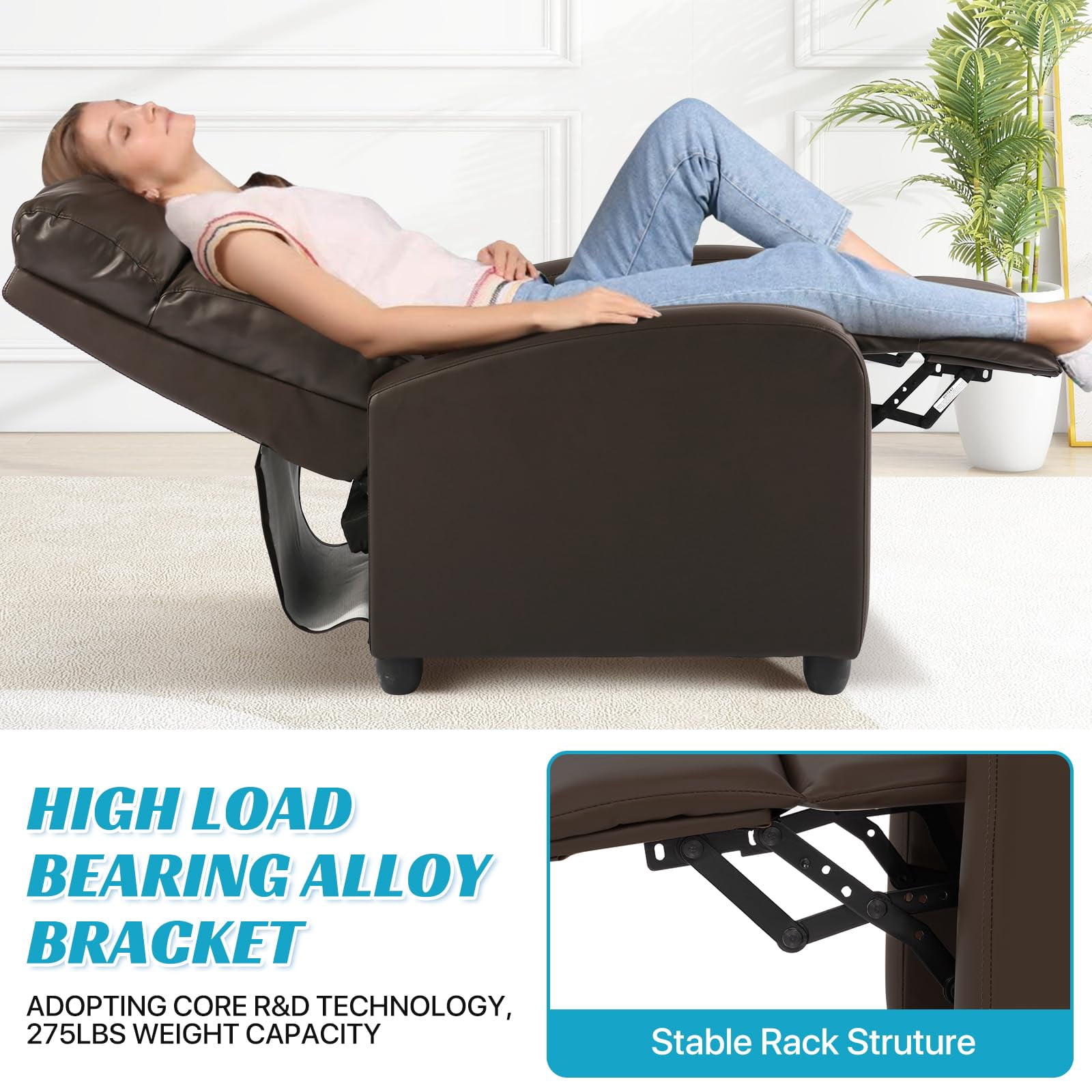 NiamVelo Recliner Chair for Adults, PU Leather Recliner Sofa with Lumbar Support, Adjustable Modern Reclining Chair with Padded Seat Backrest for Home, Living Room, Theater （Brown）