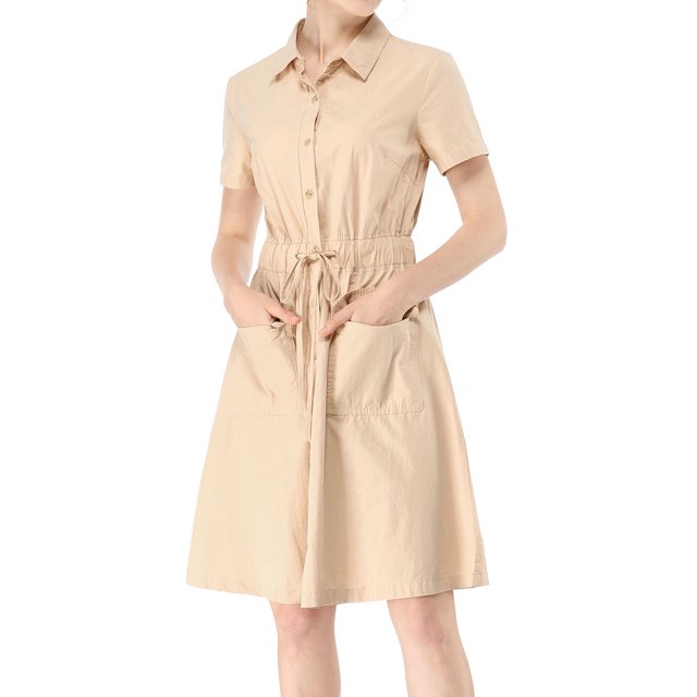 INSPIRE CHIC Robe Courte pour Femme à Col Évasé avec Poches et Taille Élastique