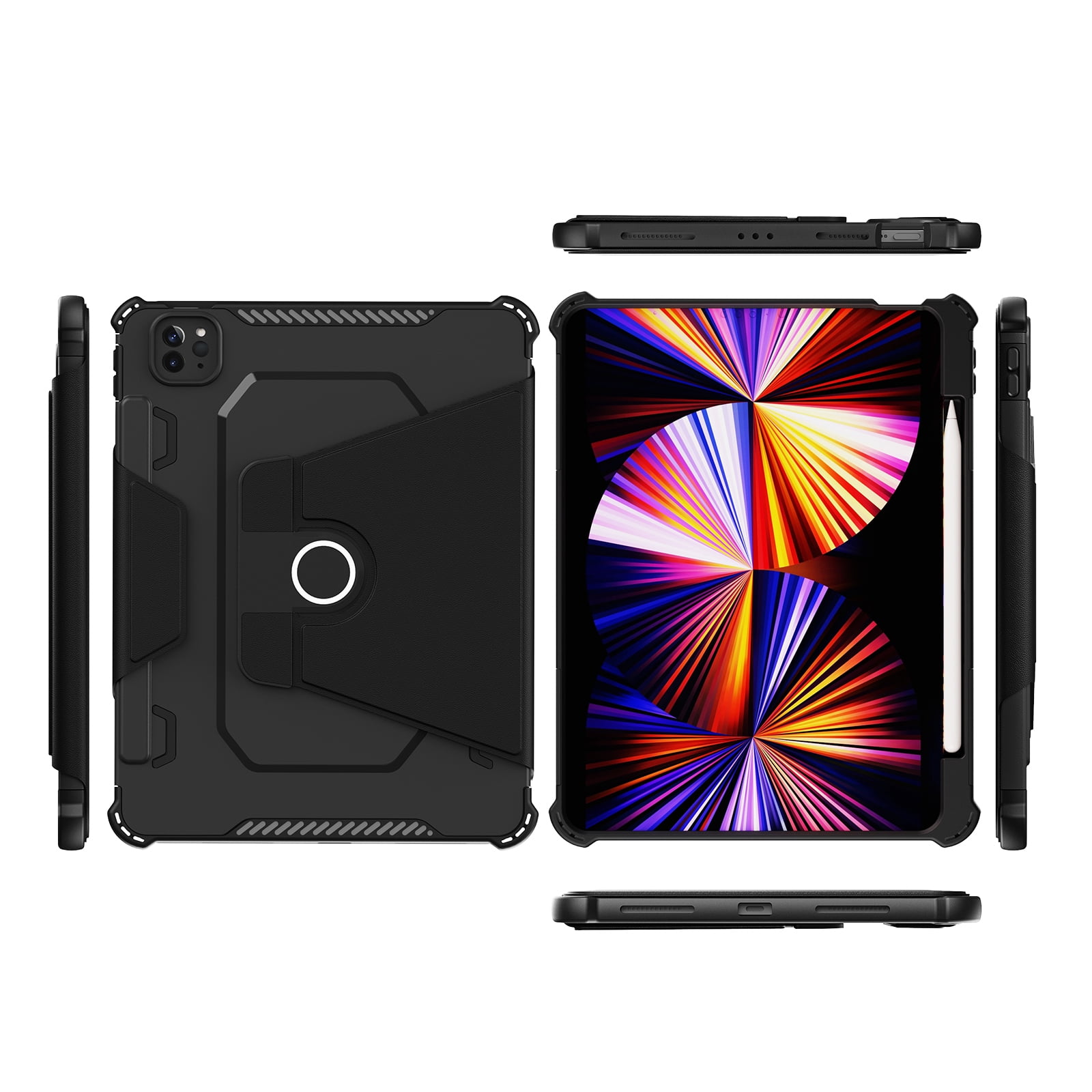 Dteck Case for iPad Pro 11" 4th/3rd/2nd/1st Gen (2022/2021/2020/2018),iPad Air 5th 4th Gen Magnetic Leather Shockproof Rubber Rugged Case Rotatable Kickstand with Pencil Holder Heavy Duty Cover,Black