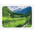 thumbnail image 1 of Mountain Bath Mat, Alpine Landscape with Meadow Cottages and Pines Stream in Village View Print, Non-Slip Plush Mat Bathroom Kitchen Laundry Room Decor, 29.5 X 17.5 Inches, Green White, Ambesonne, 1 of 2