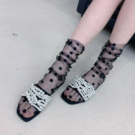 

HEVIRGO Summer Women s Polka Dot Transparent Tulle Thin Breathable Middle Tube Socks