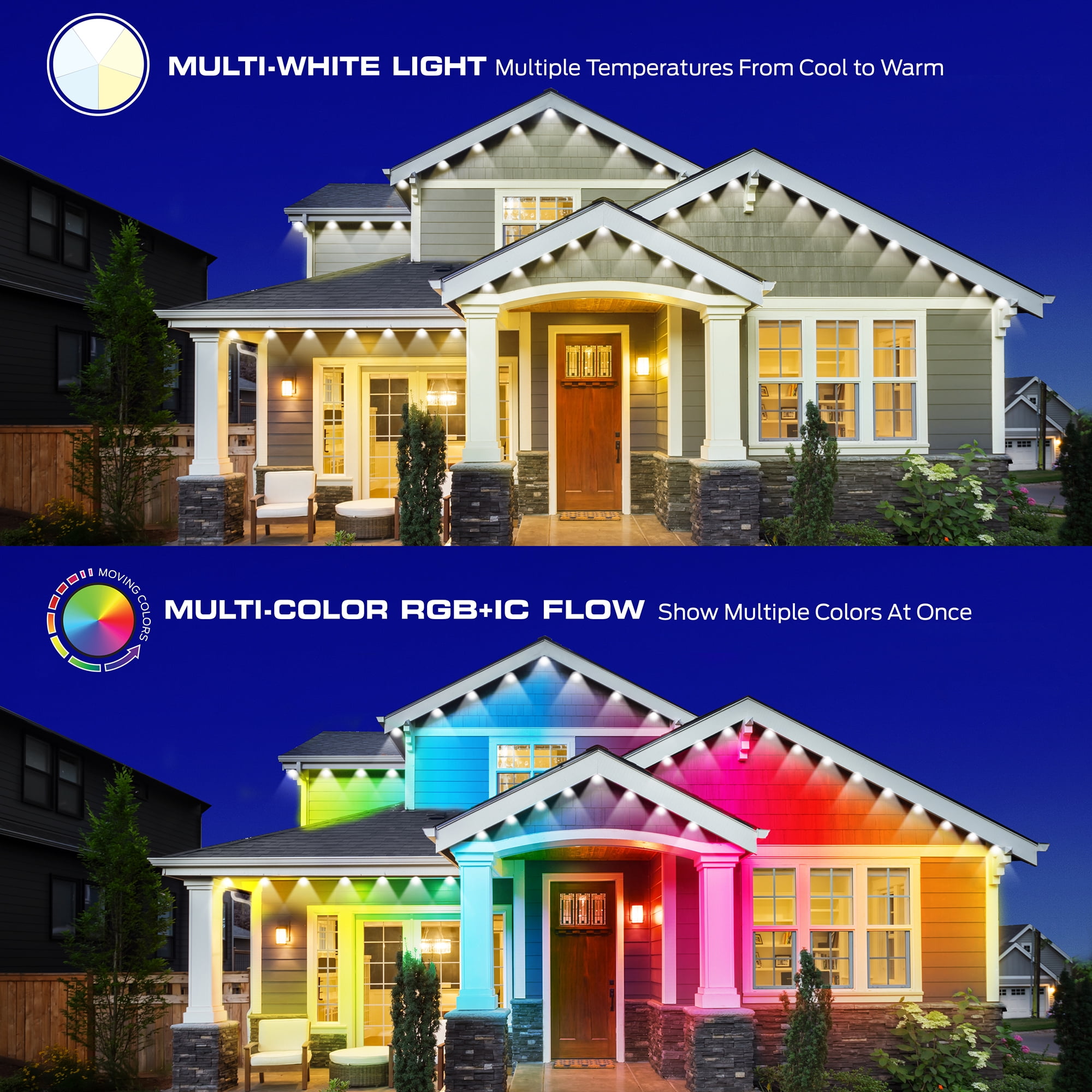 Monster 50 ft Permanent Outdoor Lights Smart, LEDs, Multi-White & Full Color, All-Weather Waterproof, App & Voice Control – Holiday & Year-Round Outdoor String Lighting