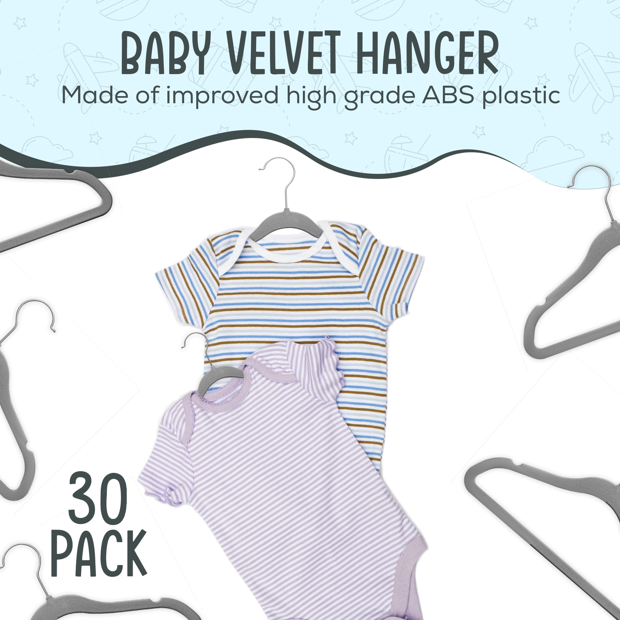Techzoo Premium Baby Velvet Hangers 30 Pack – 11.8" Non Slip Felt Cloth Hangers for Closet – Ultra Slim, Space Saving Baby Clothes Hangers with 360° Swivel Hook Infant Hangers – Gray