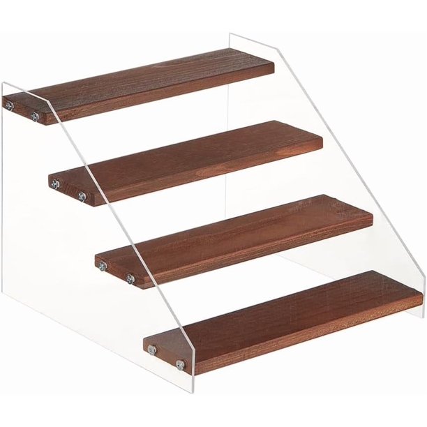 Exhibidor de madera de 4 niveles, estante elevador de acrílico transparente, soporte de madera escalonado para cupcakes
