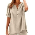 thumbnail image 5 of Olyvenn Linen Shirts for Women Trendy 2025 Plus Size Short Sleeve Button V Neck Summer Tops Casual Oversized Tshirt Blouses Beige XXL, 5 of 5