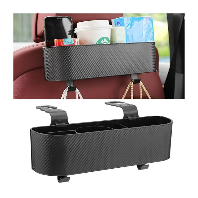 Organizador para reposacabezas de asiento trasero de coche con portavasos, caja de almacenamiento colgante para respaldo de asiento con ganchos, bebida multifuncional (negro)