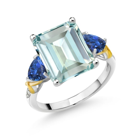 Gem Stone King 925 Silver and 10K Yellow Gold Sky Blue Simulated Aquamarine Blue Created Sapphire and Diamond 3 Stone Ring for Women (6.51 Cttw, Birthstone, Emerald Cut 12X10MM, Size 9)