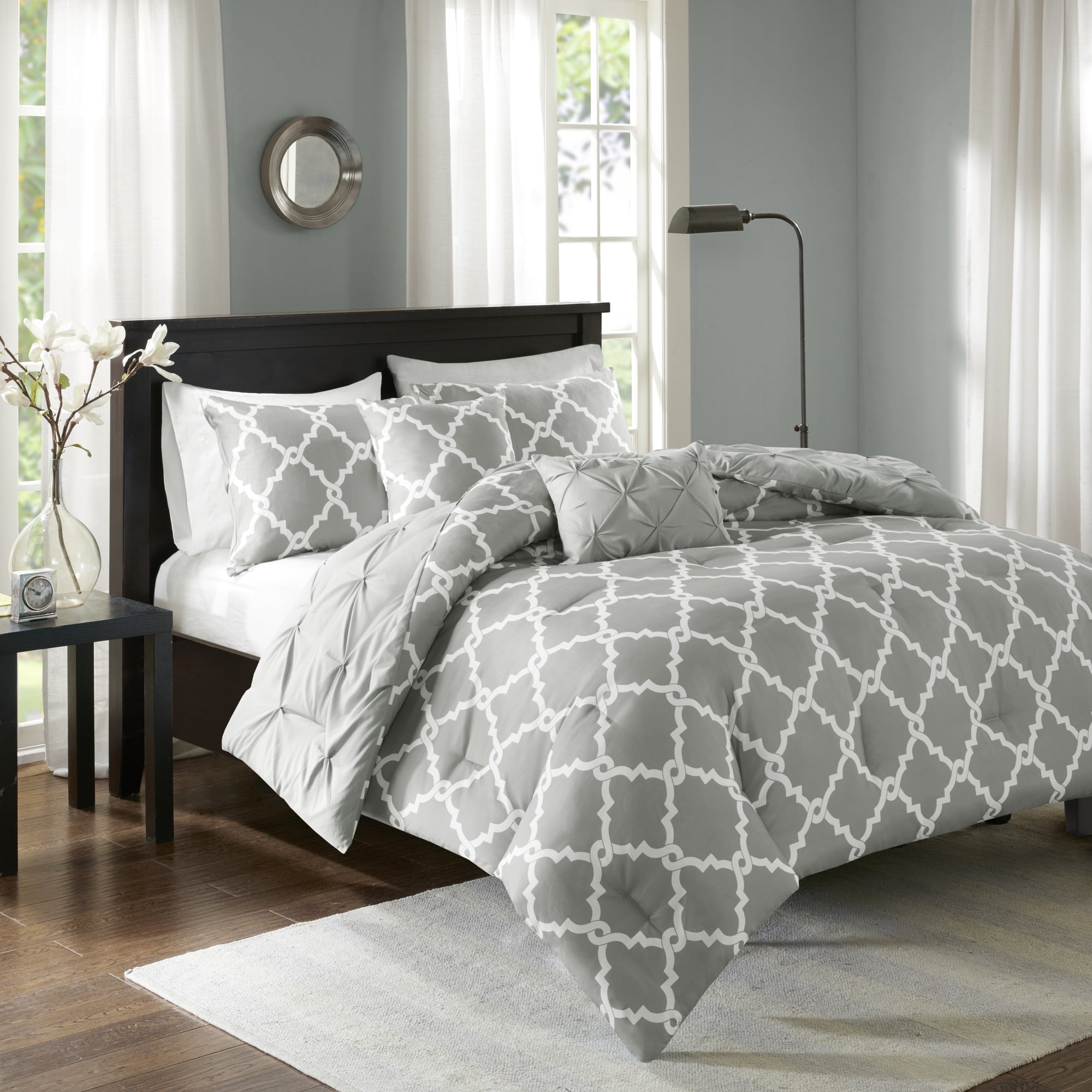 Beautiful Gery  Taupe Fretwork Embroidered 7 pcs Comforter Cal King Queen set 