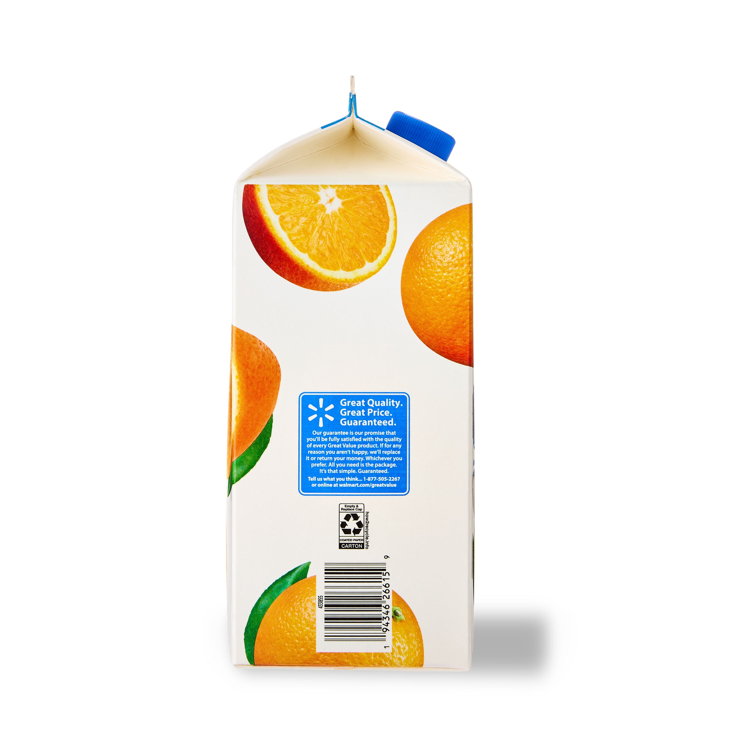Great Value 100% Orange Juice from Concentrate, No Pulp, Calcium, and Vitamin D, 64 fl oz