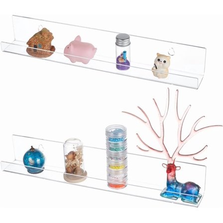 2 Sets Clear Acrylic Shelves 12 Inches Wall Hanging Record Display Shelves Wall Storage and Display Acrylic Floating Shelves