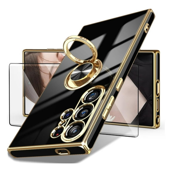 Dteck for Samsung Galaxy S25 Ultra Case with Screen Protector, Built-in 360° Rotation Ring Holder Magnetic Stand, Luxury Shiny Plating Edge Shockproof Electroplated Protective Cover,Black