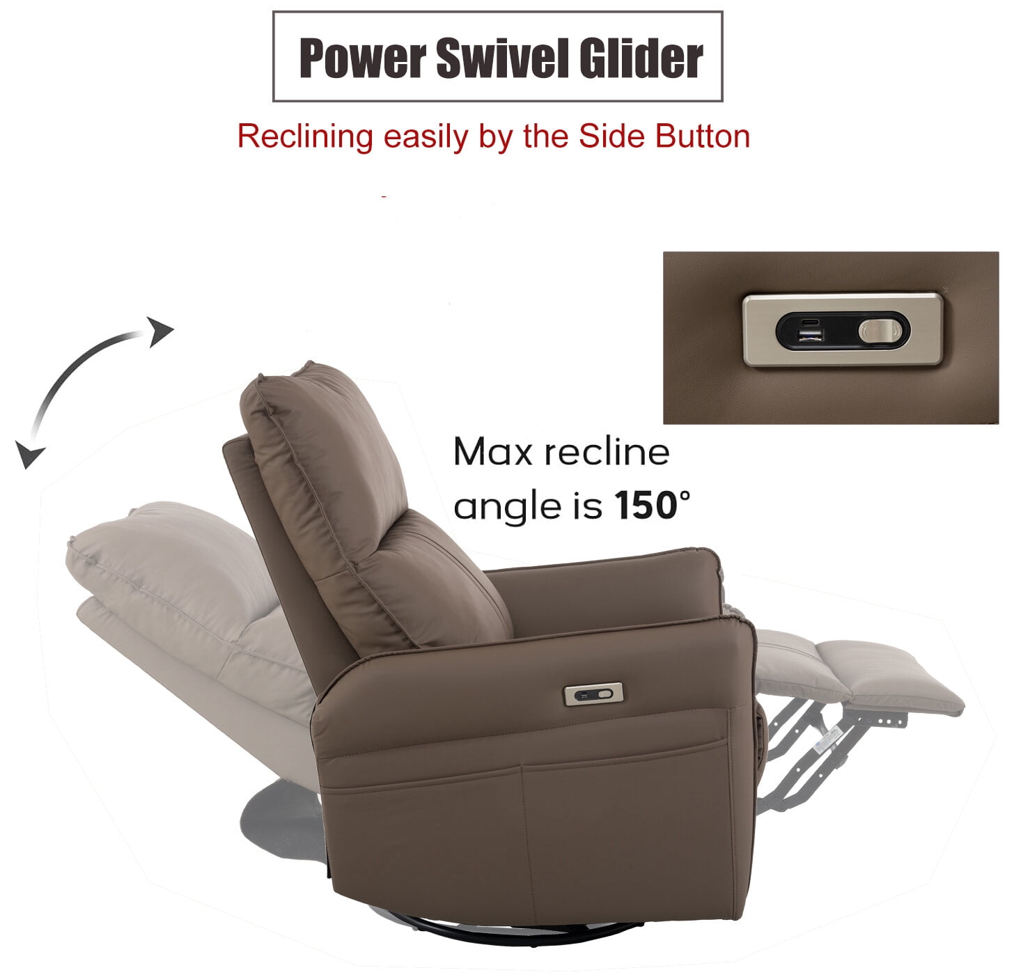 Outdoor Rocking Chairs 270° Power Swivel Rocker Recliner Chair, Electric Glider Reclining Sofa with USB Ports, PU Faux Leather Power Swivel Glider, Rocking Chair,Nursery Recliners for Living Room Bed