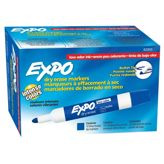 EXPO Low Odor Dry Erase Markers, Bullet Tip, Blue, 12 Count