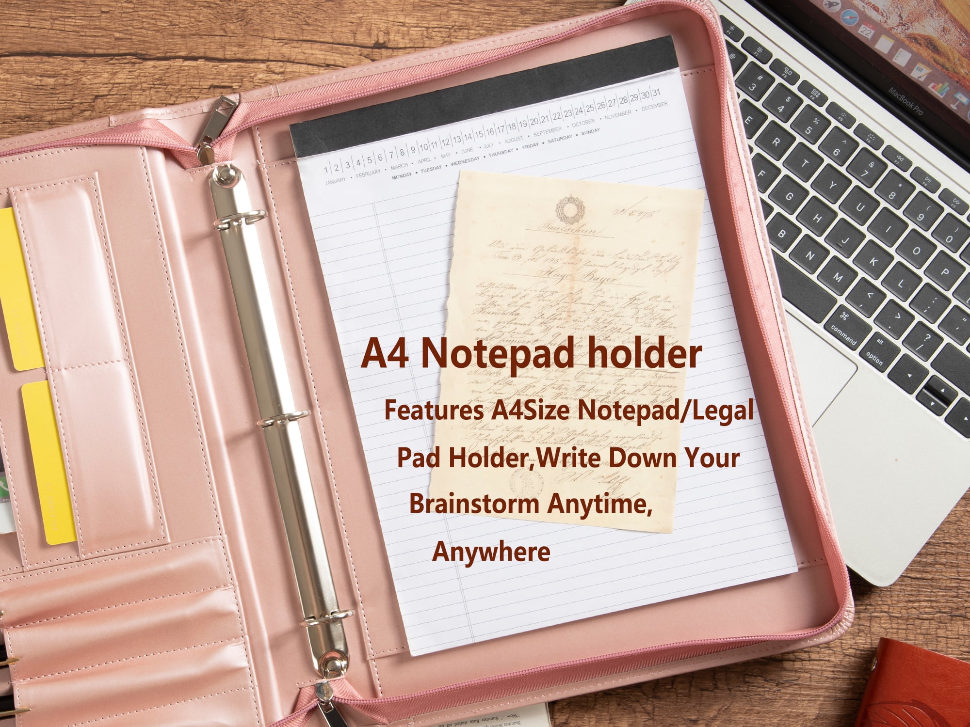 LeatherBelief Portfolio 3 Rings Binder,Zipper PU Leather Padfolio, Business Organizers with A4 Legal Pads, Gift for Him Pink