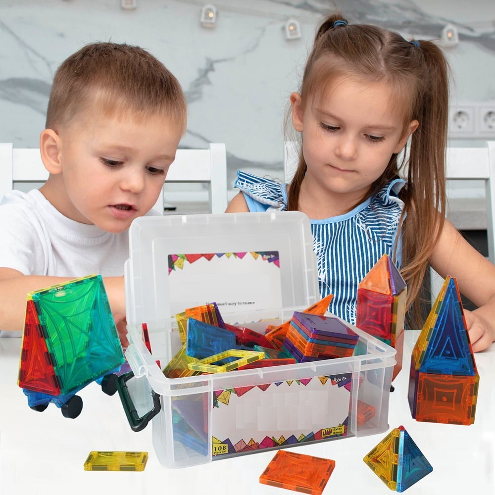 Mag Genius 108pcs Magnet Tiles Building Magnetic Toy with Bin, Includes Car Bases - Walmart.com