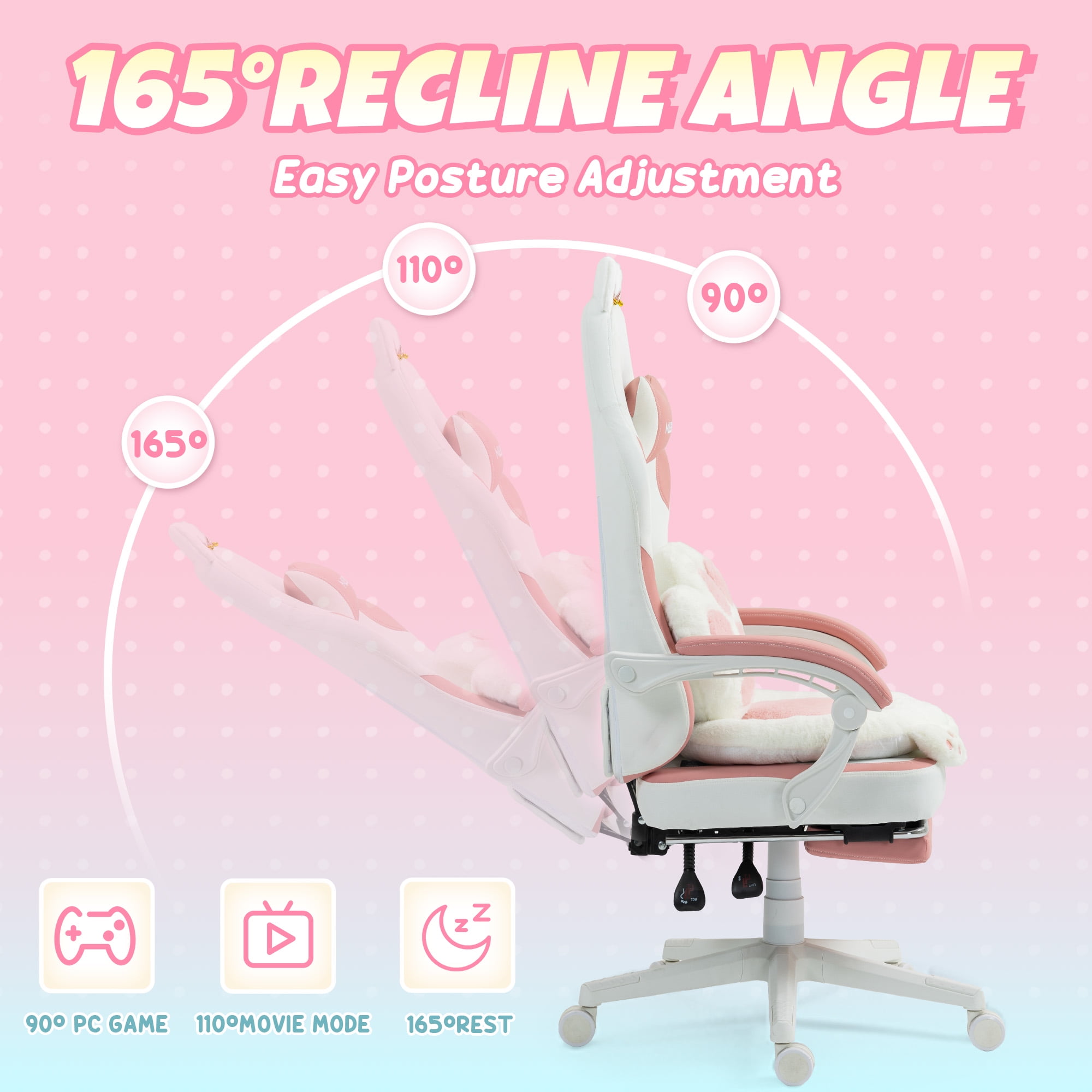 GOOSEA Cute Cat Ear Gaming Chair with Paw Print Lumbar Support and Cushion, Ergonomic Computer Desk Chair with Footrest, Reclining PC Game Chair for Girls and Women, 300lbs, Pink and White