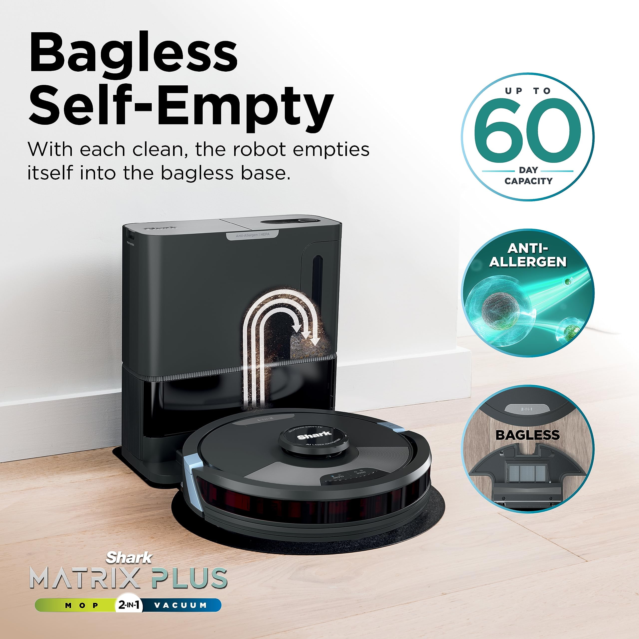 Shark Matrix Plus 2in1 Robot Vacuum & Mop with Sonic Mopping, Matrix Clean, Home Mapping, HEPA Bagless Self Empty Base, CleanEdge, for Pet Hair, WiFi, Black/Mocha, AV2630WA Wet and Dry Self-Empty