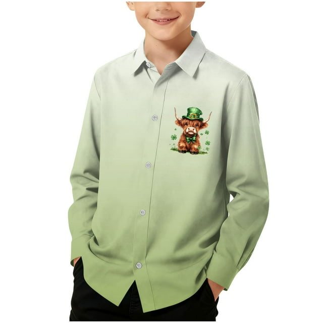 RXMEKW Chemise à Manches Longues Imprimée de la Saint-Patrick pour Garçons avec Col Rabattu, 95 % Coton 5 % Élasthanne, Vert