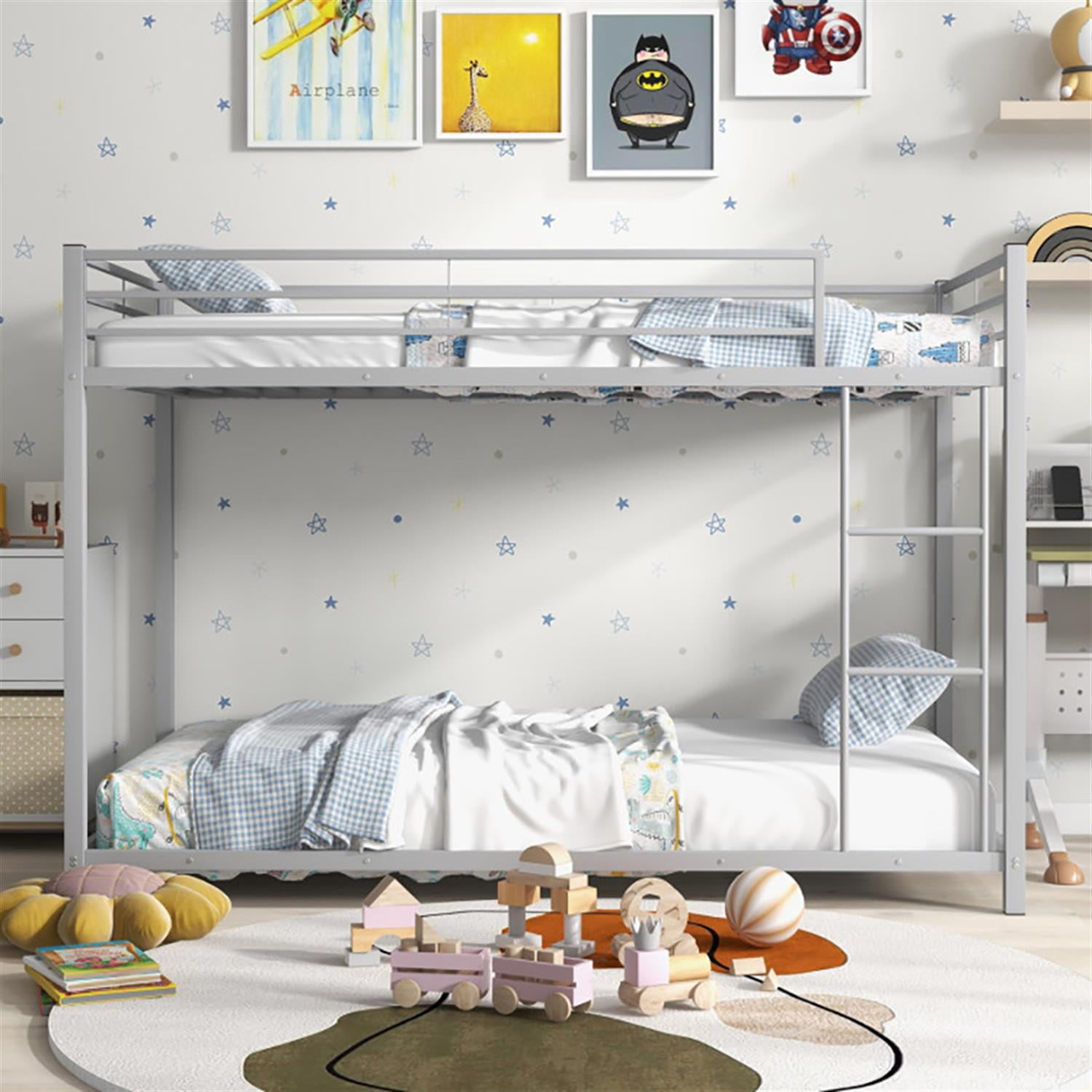 Demi Bonn Low Profile Twin Over Twin Bunk Bed with Full-length Guardrails, Sturdy Metal Twin Bunk Beds, Bed Frame, Silver