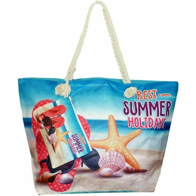 Flaskamite XL Beach Bag Tote with Zipper Closure, Extra Pouch and Rope Handles, Best Summer Holiday