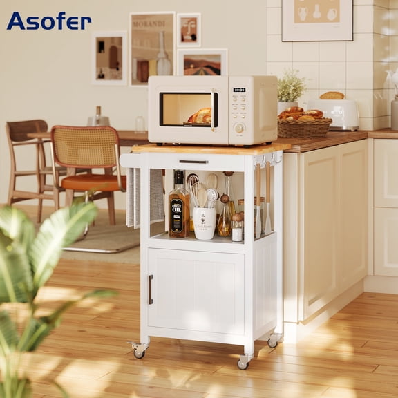 Asofer Rolling Kitchen Island Cart with Storage and Drawer, Small Coffee Cart, Microwave Stand on Wheels, White