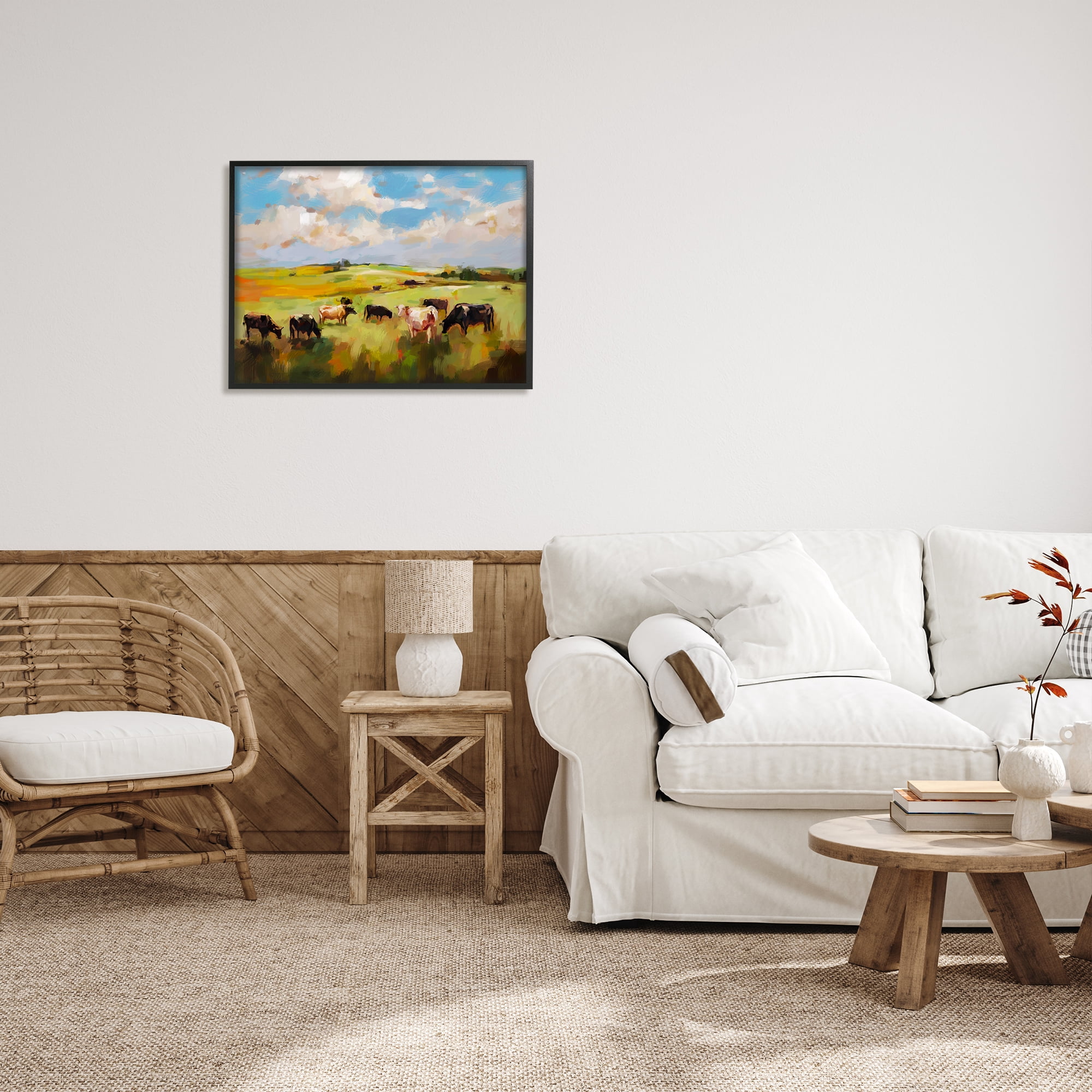 Stupell Industries Cows Grazing Painting Landscape Painting Black Framed Art Print Wall Art, 30 x 24
