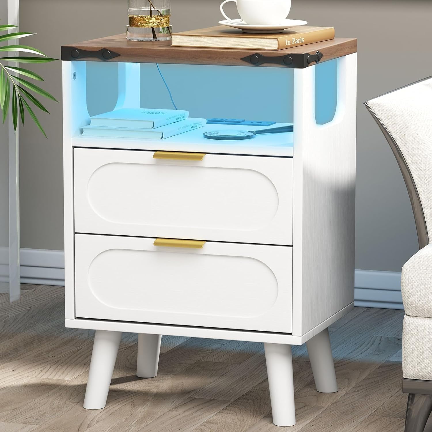 End Table with Charging Station, Smart LED Night Stand with 2 Wooden Drawers and Storage Shelf, Bedside Table with USB Ports & Outlets, for Living Room/Bedroom, White