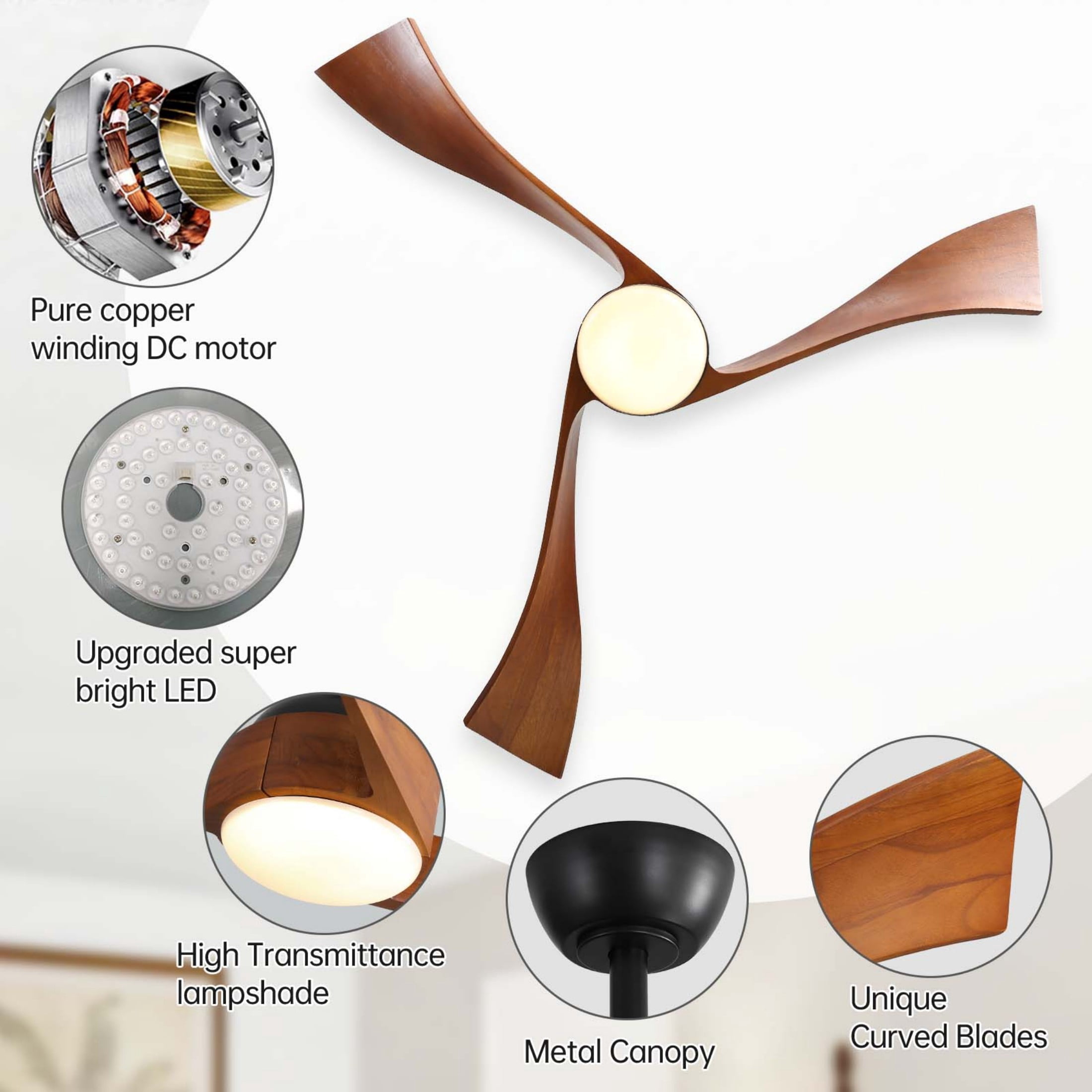 Sofucor 52 Inch Ceiling Fan with Light and Remote, Modern 3 Solid Wood Blades Ceiling Fan, 6 Speeds 5500CFM, Dimmable 3-Color LED with Memory, Timer & Quiet & Reversible DC Motor, ETL, Walnut Wood