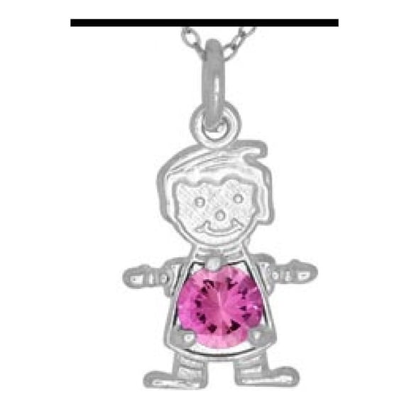Pink Cubic Zirconia October Birthstone Boy Flat Charm Rhodium Plated Sterling Silver