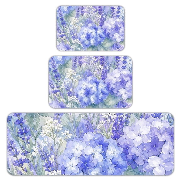 RKSupls Kitchen Rug Set 3 Piece Anti-Slip Flannel Floor Mats, Hydrangea Lavender Pattern Washable Absorbent Runner Mats for Kitchen Bathroom Home Decor