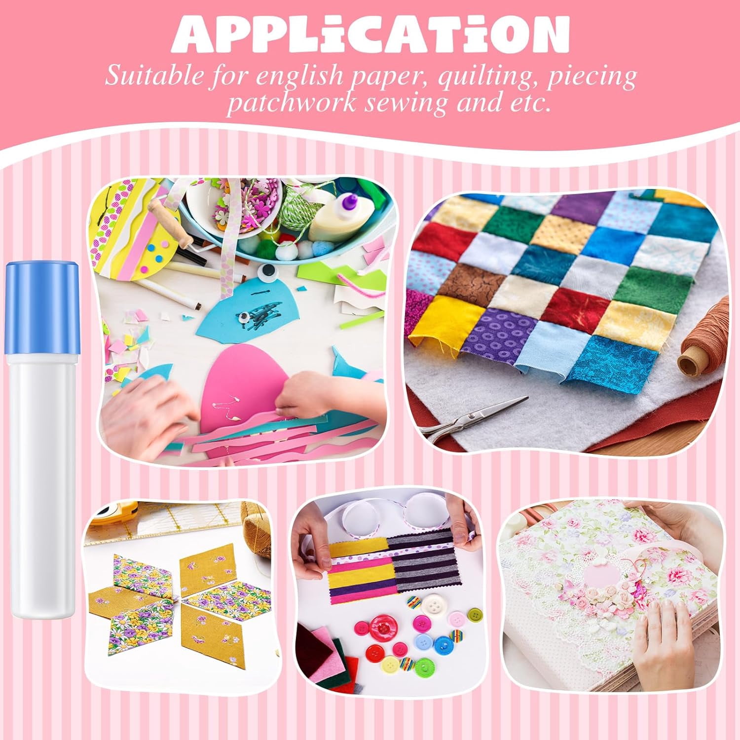 6 Pack Fabric Glue Pen Refills, Washable Temporary Fabric Sewing Adhesive, 2" L x 0.6" W, Water Soluble Blue Glue Stick Refills for English Paper, Quilting, Piecing Patchwork Sewing