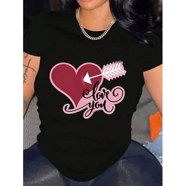Women Happy Valentine's Day - Heart Shot Pattern Shirt Cotton T-Shirt Soft, Breathable, Comfort-Fit Crew Neck Tee