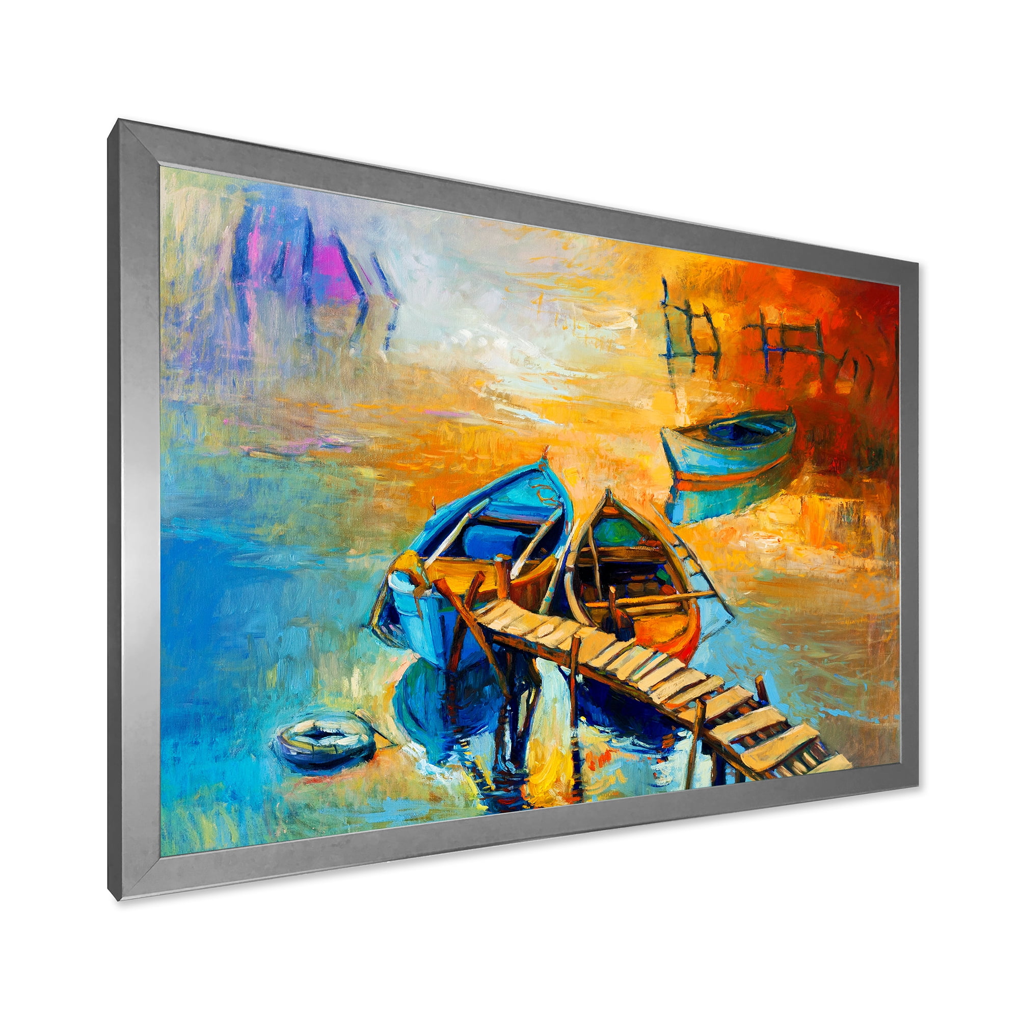 Boat At The Lake During Evening Glow V 20 in x 12 in Framed Painting Canvas Art Print, by Designart