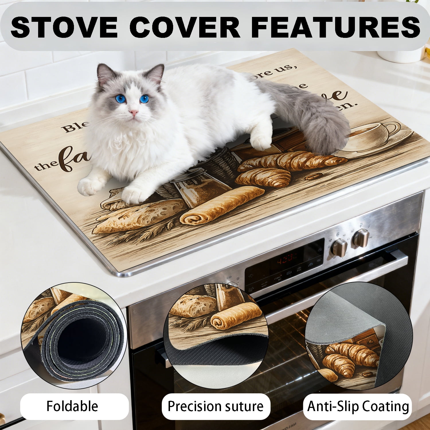 Stove Top Cover for Electric Stove, 28.5" x 20.5" Heat Resistant Glass Cooktop Cover Mat, Multi-Purpose Countertop Protector for Stove & Washer Top, “Bless the Food” Kitchen Decor