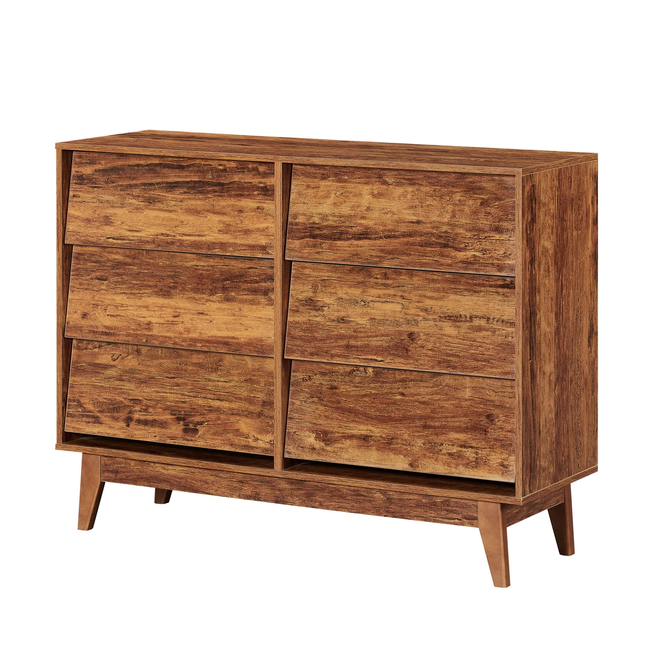 DEALTOPS Vintage Dresser with 6 Drawers in Bevel Design, Versatile Spacious Storage Cabinet, Antique Walnut