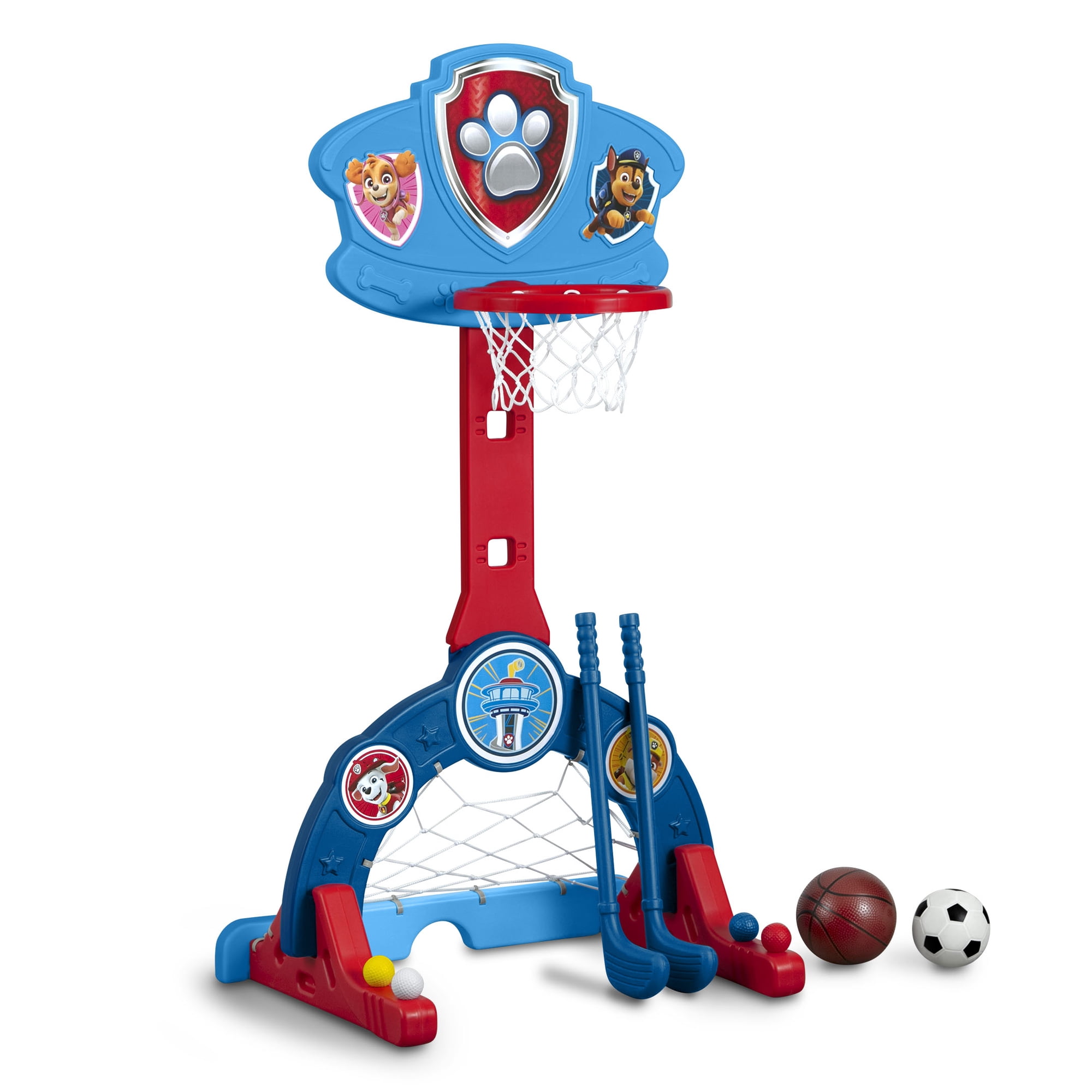 PAW Patrol 4-in-1 Sports Center by Delta Children – Adjustable Basketball Hoop, Soccer/Hockey Net & Golf Game, Blue